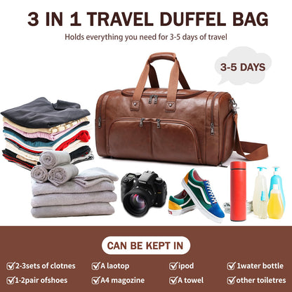 Leather Travel Duffle Bags for Men Women, Weekender Overnight Bag with Shoe Compartment Waterproof Carry on Duffle Bags for Airplanes Gym Sport Business Bag