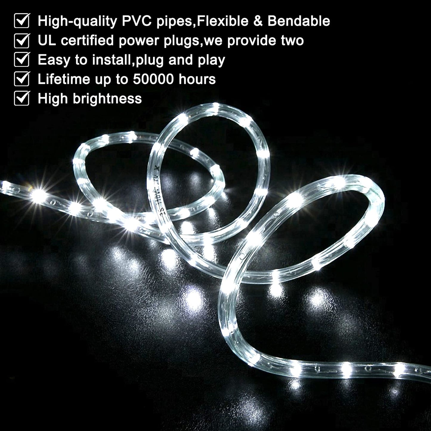 SURNIE Rope Lights Outdoor Waterproof Daylight White: LED 50FT Cuttable Outside Bright 110V Lighting Connectable Flexible Plug Cool Clear Tube, Indoor Deck Patio Xmas Camping Decor, Not Flat Strip