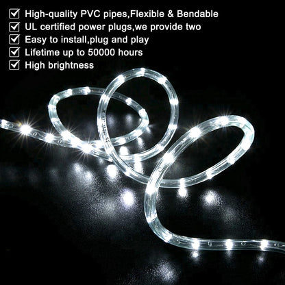 SURNIE Rope Lights Outdoor Waterproof Daylight White: LED 50FT Cuttable Outside Bright 110V Lighting Connectable Flexible Plug Cool Clear Tube, Indoor Deck Patio Xmas Camping Decor, Not Flat Strip