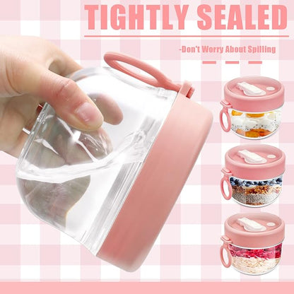 Gerrii 4 Pcs Overnight Oats Container with Lids and Spoons, 20 oz Plastic Overnight Oats Jars Large Capacity Airtight Yogurt Container for Milk, Fruit, Cereal and Salad Storage (Pink)