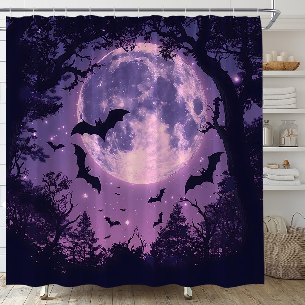 AMFD Spooky Halloween Shower Curtain Scary Bats Purple Black, 70" WX70 H