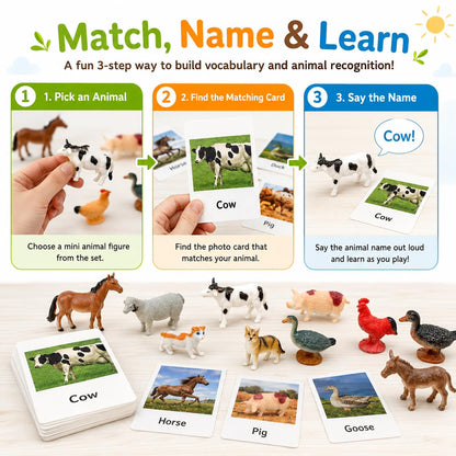 Montessori Farm Animal Matching Game, 12PCS Realistic Farm & Poultry Animal Figurines with Flash Cards, Preschool Educational Learning Toys for Toddlers Kids, Homeschool Language Sensory Toy