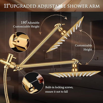 High Pressure Rainfall Shower Head/Handheld Shower Combo with 11" Adjustable Extension Arm, 5 Spray Settings Shower Heads with 60" Hose Anti-leak (Gold), 10"