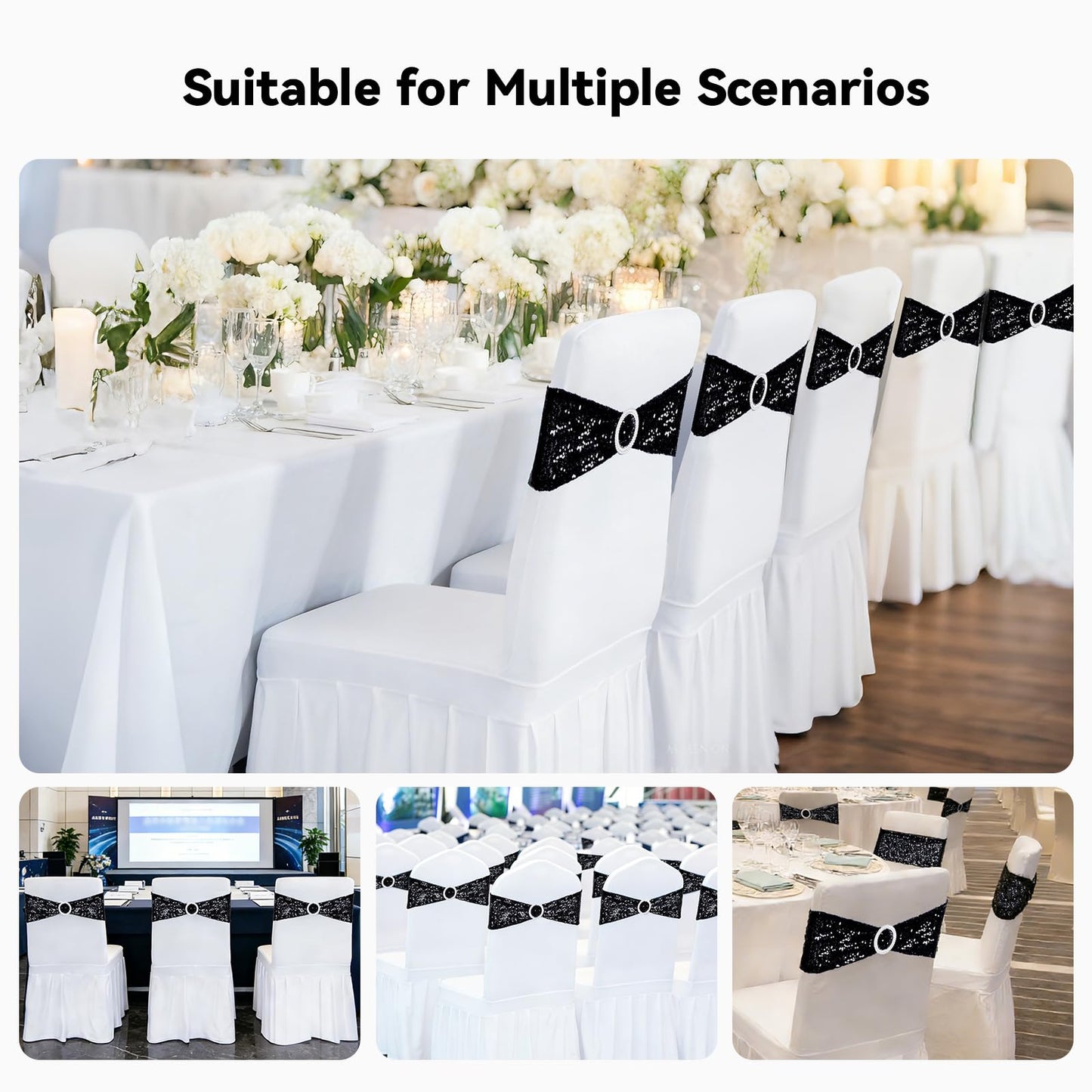 Poise3EHome Pack of 10 Black Sequin Chair Sashes, Double Sided Glitter Stretchy Chair Bands with Buckle for Home Party Bridal Shower Wedding Banquet Reception Decorations