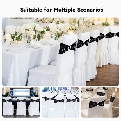 Poise3EHome Pack of 10 Black Sequin Chair Sashes, Double Sided Glitter Stretchy Chair Bands with Buckle for Home Party Bridal Shower Wedding Banquet Reception Decorations