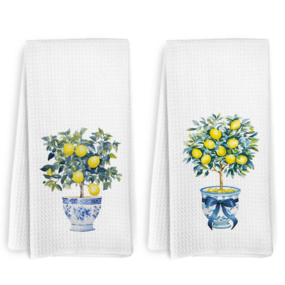 KFXHANGD Lemon Kitchen Towels and Dishcloths Set of 2, Lemon Kitchen Decor, Lemon Dish Towels, Chinoiserie Bow Decorative Hand Tea Towels for Farmhouse Bathroom Kitchen,16×24 Inch