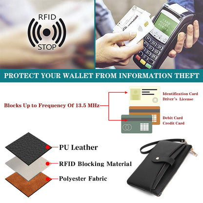 GAEKEAO Wristlet Wallets for Women Clutch Purses RFID Blocking Vegan Leather Card Phone Holder with 10 Card Slots 2 ID Window