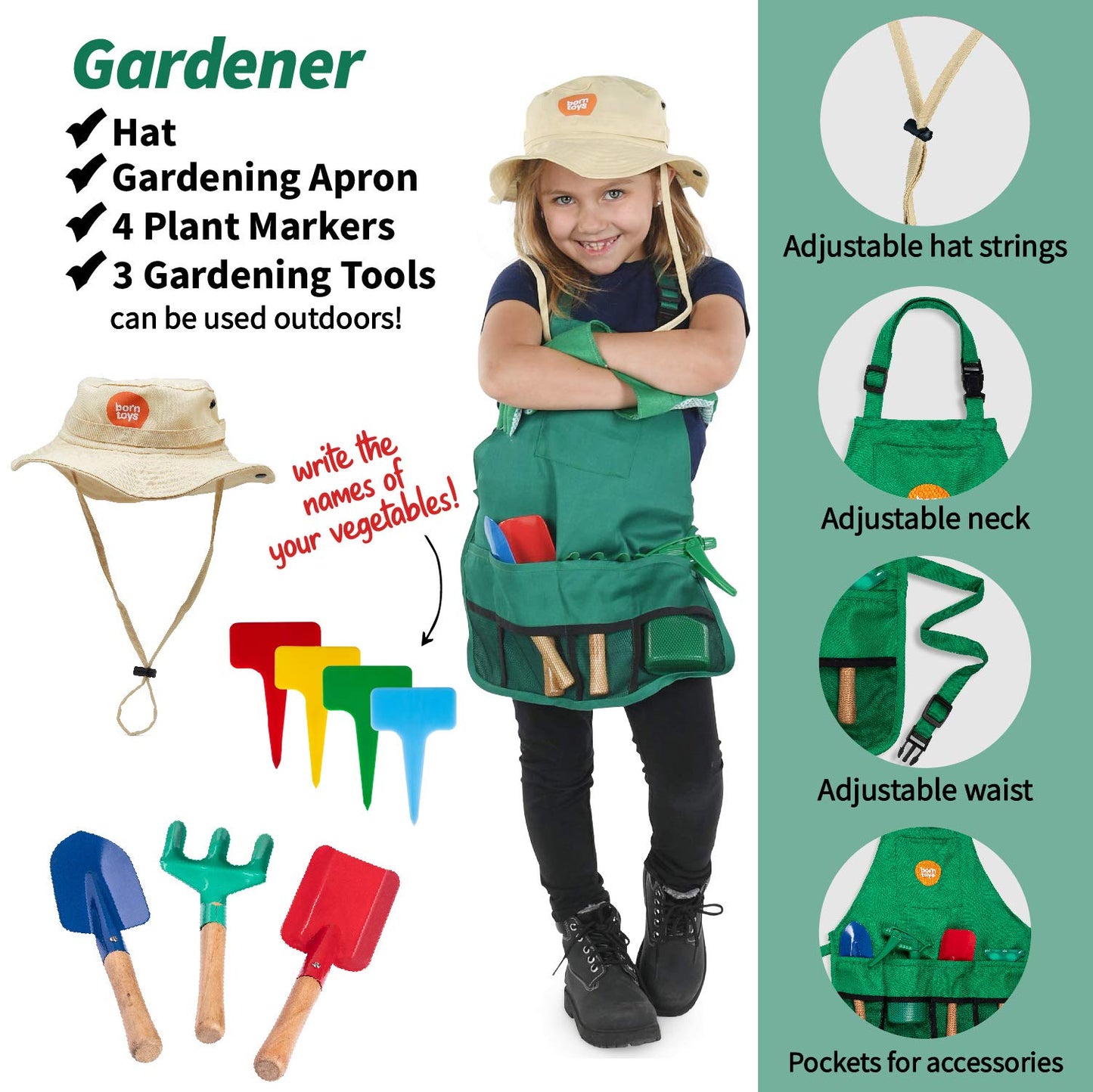 Born Toys 3-in-1 Toddler Dress Up Clothes for Boys & Girls Ages 3-7, Chef, Construction and Gardener Costumes for Kids with Working Pretend Play Toy Accessories, Career Outfit Set, Gift Ready