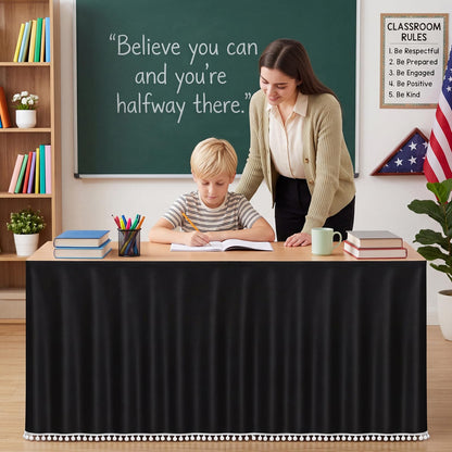 Tudomro Teacher Table Skirt Ruffled Teacher Desk Tablecloth 72" x 30" Ruffle Desk Skirt for School Classroom Office Rectangle Round Table Cover Dessert Decor(Tassel,6ft,Black)