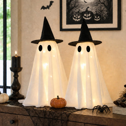 Halloween Decorations-Set of 2 Light-Up Ghosts with Witch Hats, Ghost Table Centerpiece-Spooky Tabletop Decor for Mantel Dining Table Party Indoor Home Decor