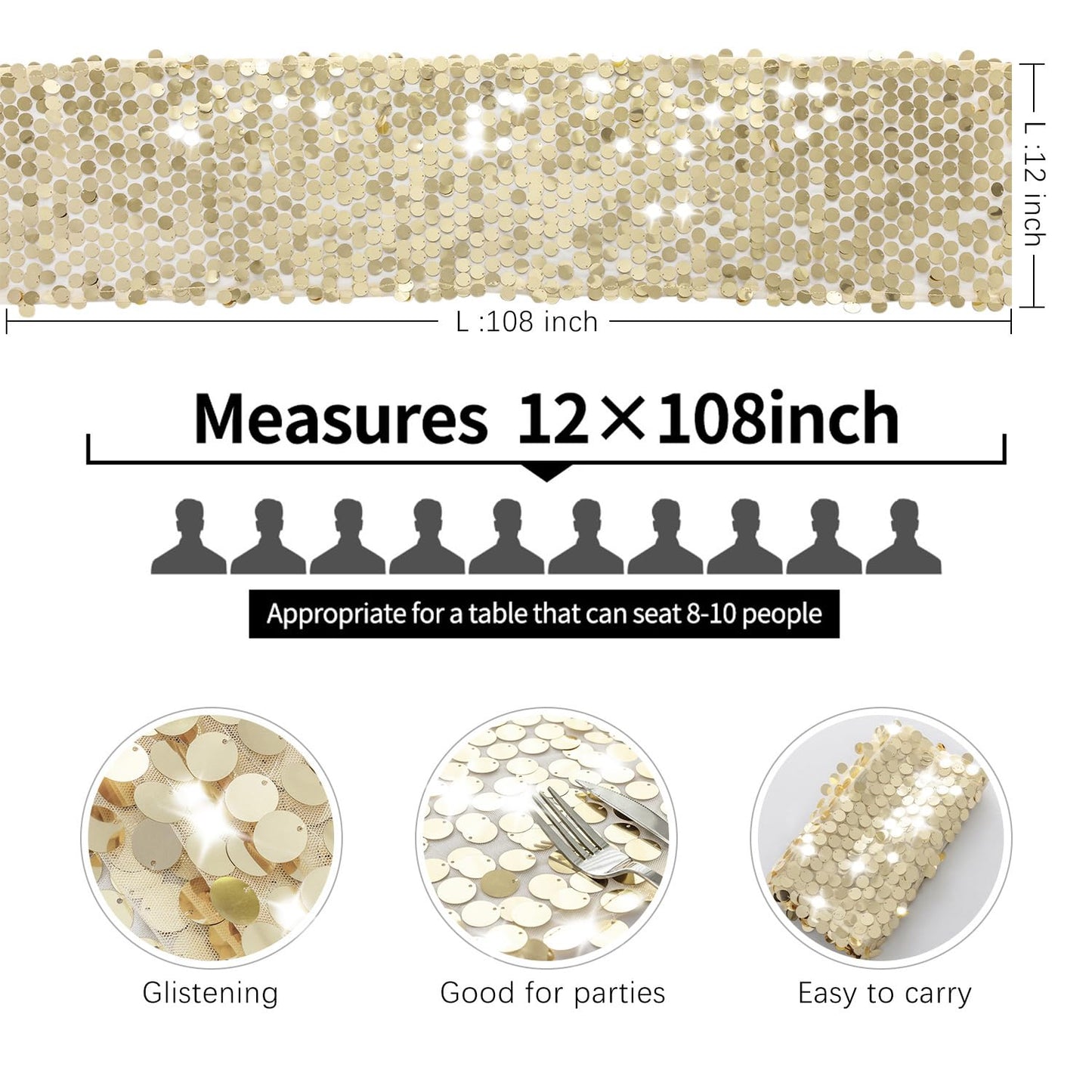 Pufogu 12 x 108 Inch Sequin Table Runner, Champagne Glitter Premium Big Sequin Table Runner, Rectangle Table Runners for Halloween, Christmas, Wedding Party, Birthday Party, Banquet Decor (1 Pack).