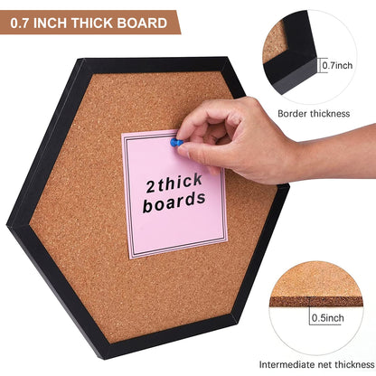 WAYHOUL Cork Bulletin Board for Walls, 1/2" Thick Hexagon Pin Board for Walls with Frame, Black Small Corkboard with 10 Push Pins and 10 Wood Clips, Tack Board for Home Office and School 2Pack