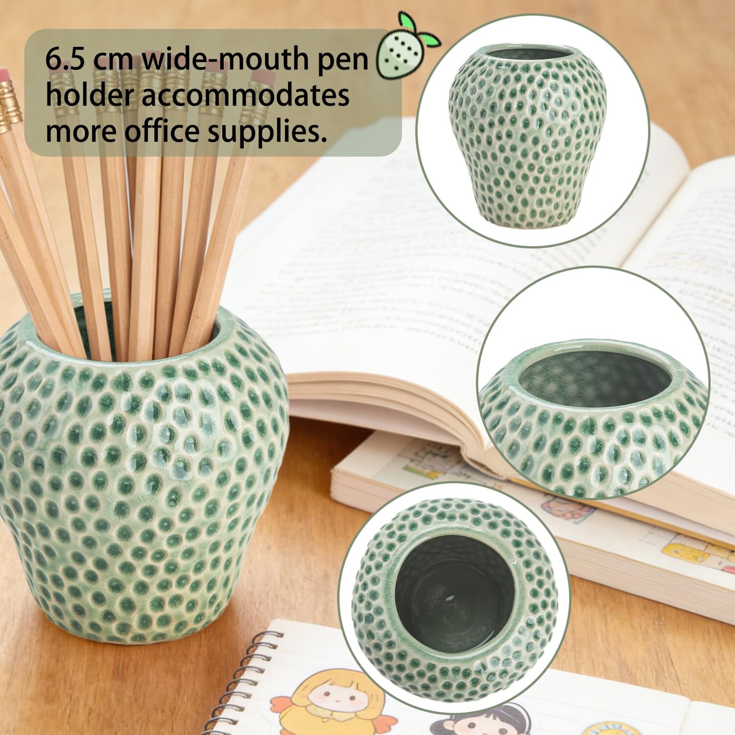 Uhuida Cute Strawberry Pencil Holder for Desk, Large Ceramic Pen Holder & Makeup Brush Holder, Kawaii Strawberry Desk Organizers for Girls Kids Teachers(Green)