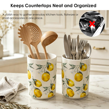 ODESUN Lemon Ceramic Utensil Holder with Bamboo Lid , 2-in-1 Countertop Utensil Crock & Storage Canister, Kitchen Utensil Holder for Countertop & Flatware Holder, French Country Kitchen Decor