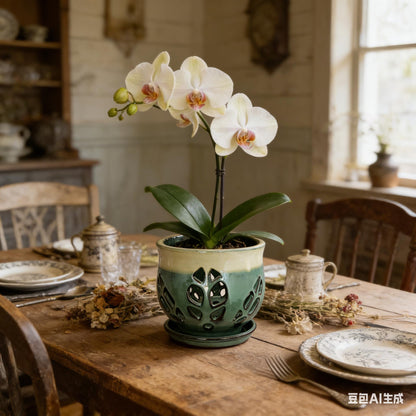 Fowargif 6.5inch Large Round Ceramic Orchid Pots with Holes, Flower Pot with Saucer for Indoor Plants Home Decorative, Round Planter,air Plant Pot