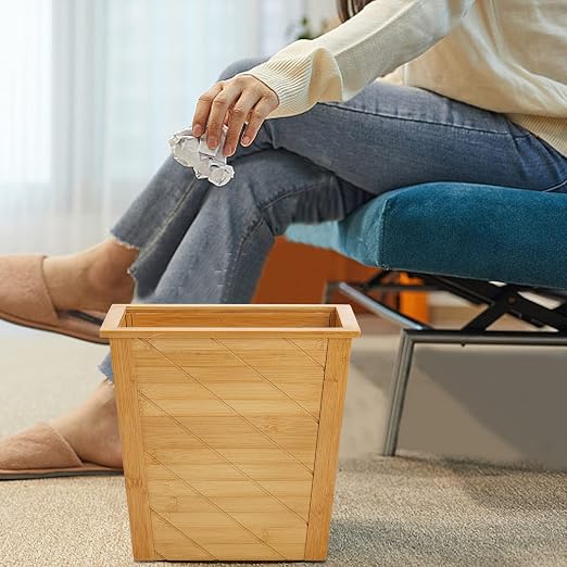 Frcctre Bamboo Waste Basket, Rectangular Compact Waste Trash Can Garbage Bin Built-in Handles Brown Container Bin for Bedroom, Office, Living Room, Kitchen, Bathroom