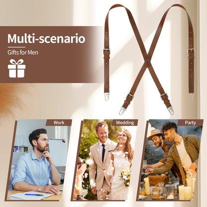 Jack&Chris Genuine Leather X-Shaped Suspenders for Men, Adjustable Heavy Duty Solid 1 Inch Wide Suspenders with Sturdy Clips, Men Accessories For Jeans, Brown