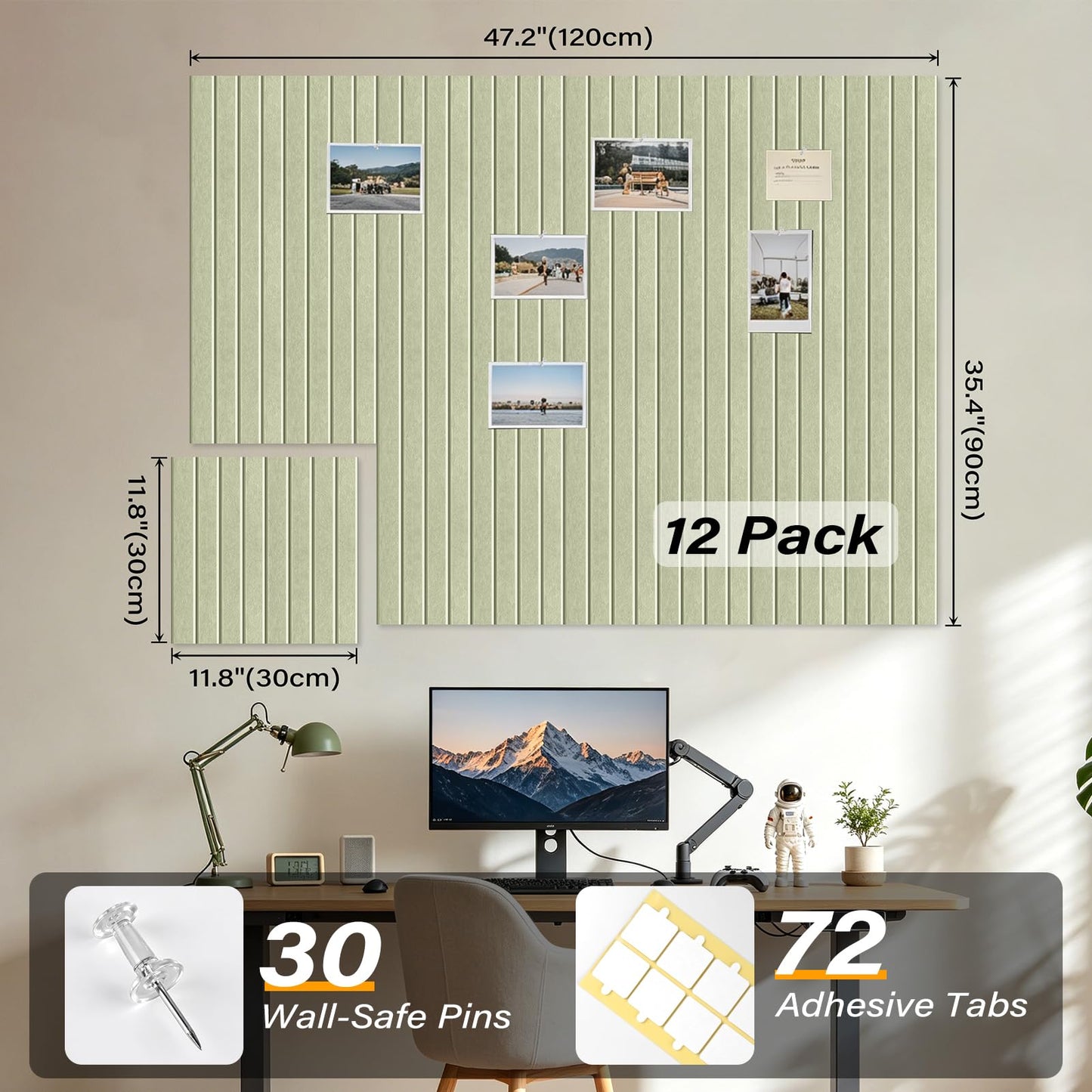 Large Felt Bulletin Board，47.2" x 35.4" 12 Pack Cork Board Alternative for Walls,Felt Wall Tiles for Office & Home Decor,Pin Board with 30 Pcs Pushpins and 72 Adhesive Tabs-Sage