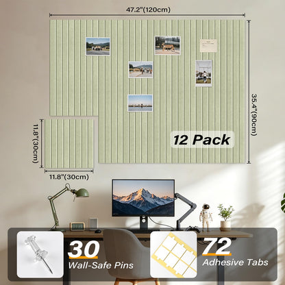 Large Felt Bulletin Board，47.2" x 35.4" 12 Pack Cork Board Alternative for Walls,Felt Wall Tiles for Office & Home Decor,Pin Board with 30 Pcs Pushpins and 72 Adhesive Tabs-Sage