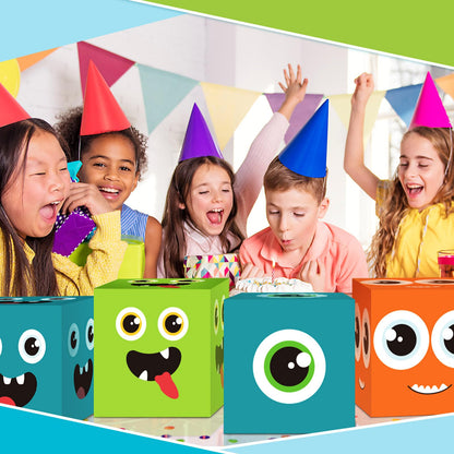 Foilswirl 6 Pcs Monster Birthday Party Decoration Cartoon Big Party Favor Boxes Blue Purple Theme Decor Monster Large Treat Candy Cookie Boxes 11.8'' x 11.8'' for Birthday Baby Shower Photo Booth Prop