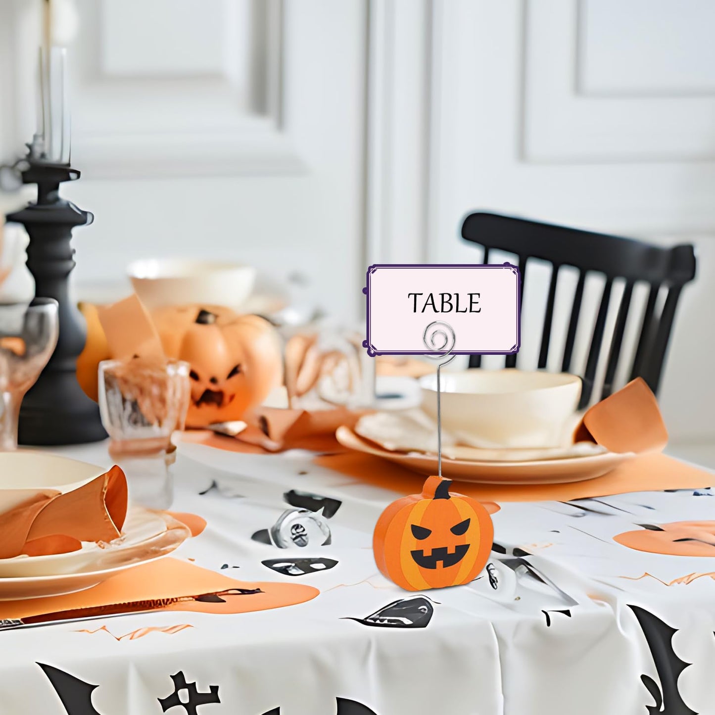 Whaline 12 Pcs Halloween Wooden Place Card Holders Ghost Pumpkin Black Cat Table Number Holder Display Stand for Party Home Office Table Setting Supplies