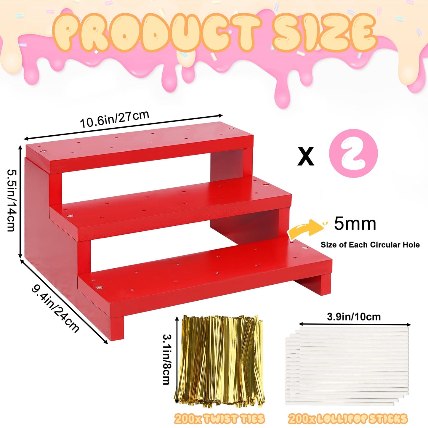 KHayRovies 2 Pcs Cake Pop Stand, 3 Tier Wood Cake Pop Holder Display Risers with Twist Ties Lollipop Sticks, 33 Hole Lollipop Holder for Dessert Table of Wedding Birthday Party (Red-2P)