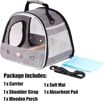 Small Bird Travel Carrier, Portable Bird Travel Cage for Parakeet, Parrot, Budgie, Guinea Pig, Bearded Dragon Reptile Carrier for Hiking Vet Visit Bicycle Ride (Grey)