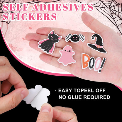JarThenaAMCS 500Pcs Halloween Pink Foam Stickers Cute Cartoon Ghost Boo Pumpkin Self-Adhesive Sticker Decals for DIY Art Craft Birthday Baby Shower, 15 Designs