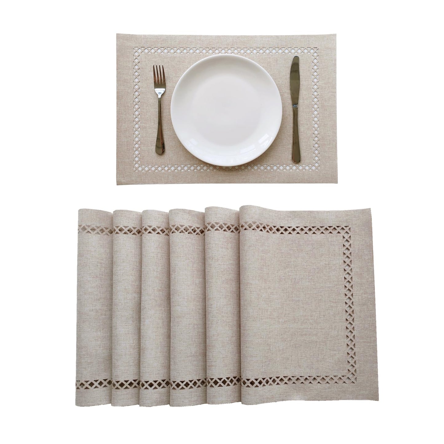 Placemats Set of 6 for Dining Table with Hollow Edge Design- Table Mats 12x 18 Inch, Cloth Place mats Machine Washable (Beige 6pcs)