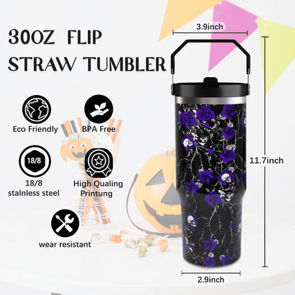 30oz Halloween Tumbler with Handle and Straw, Goth Floral Skull Insulated Tumbler, Leak Proof Travel Coffee Mug, Reusable Stainless Steel Skull Tumbler, Halloween Gifts for Women (black purple)