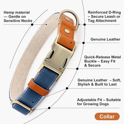 Plutus Pet Genuine Leather & Hemp Dog Collar – Adjustable Heavy Duty Pet Collar with Quick Release Metal Buckle, Soft & Stylish for Puppy and Small, Medium, Large Dogs (Royal Blue, M)