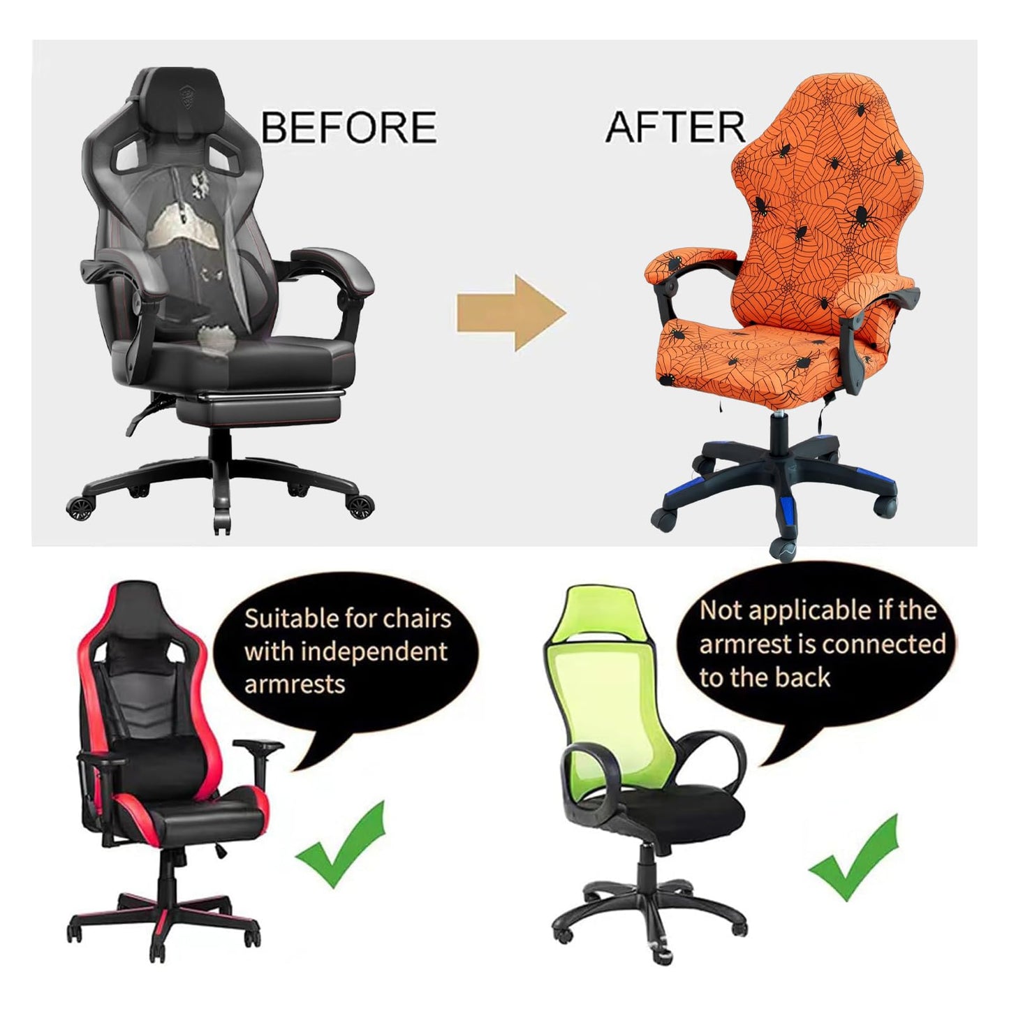 ACOFRR Gaming Chair Covers Slipcovers, Stretch Removable Washable Computer Reclining Gaming Chair Protector Slipcovers with Armrest Cover (No Chairs) (Halloween-Spider Web01)