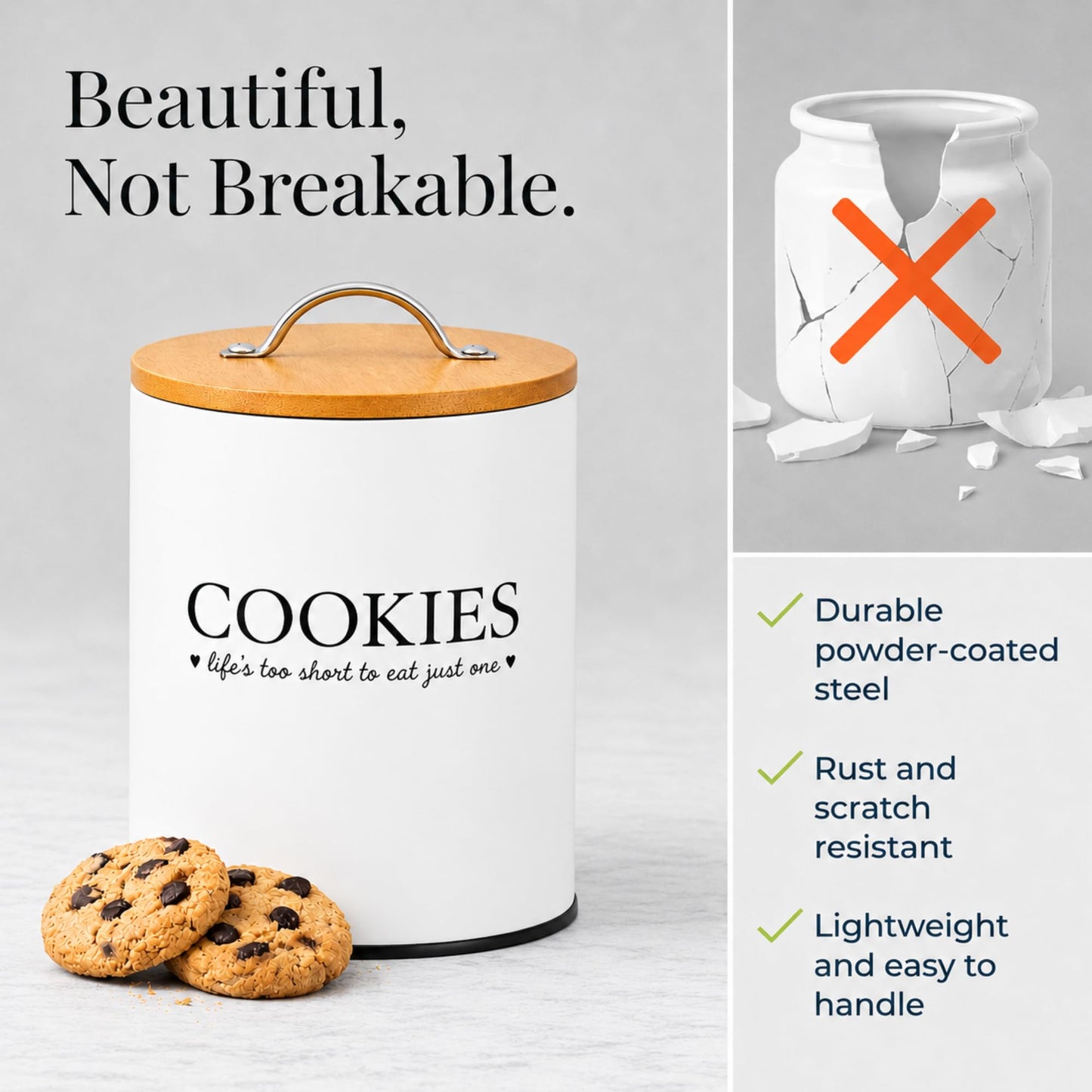 D'Lifeful Cookie Jar with Airtight Bamboo Lid – 0.6 Gallon Cute and Decorative Cookie Storage for Kitchen Countertop – Farmhouse Storage Tin for Freshness – Great Gift Idea