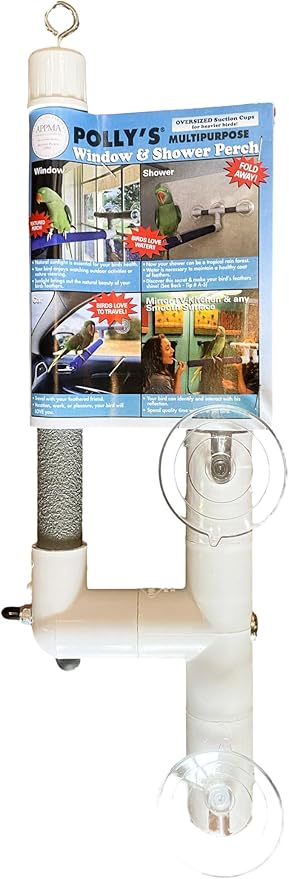 Polly's Portable Window-Shower Perch with Suction Cups for Cockatiels, Macaws, African Greys (Deluxe, Small)