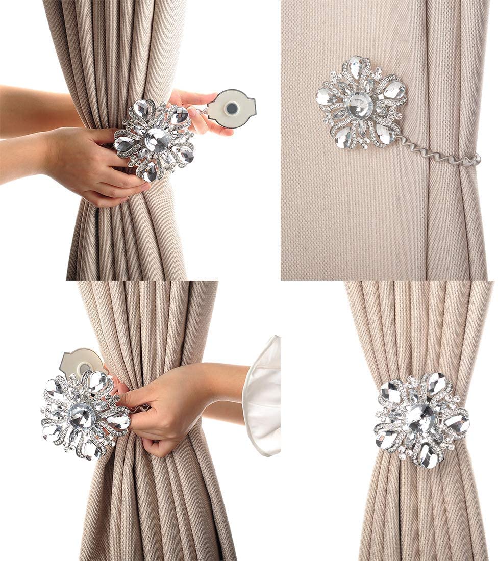 SUQ I OME Luxury Big Crystal Magnetic Curtain Tieback Holdback Clips Buckle Holder with Stretchy Wire Rope for Home Office Party Bedroom Decoration Silver