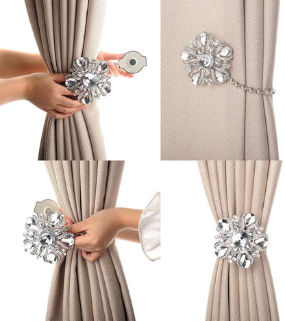 SUQ I OME Luxury Big Crystal Magnetic Curtain Tieback Holdback Clips Buckle Holder with Stretchy Wire Rope for Home Office Party Bedroom Decoration Silver