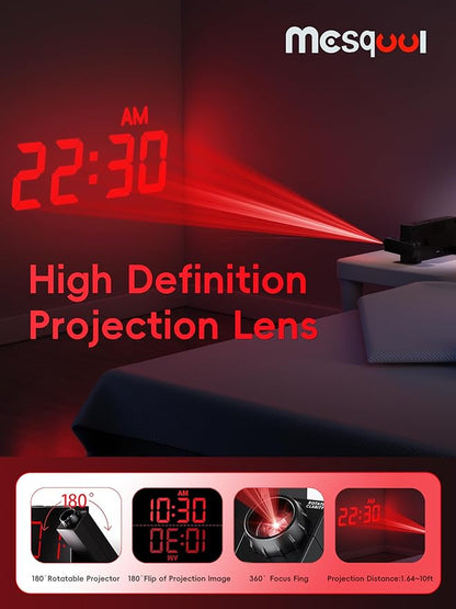Digital Projection Alarm Clocks for Bedrooms - Large LED Display, 180° Rotatable Projector, 5-Level Dimmer,USB Charger,Battery Backup,Loud Dual Alarms for Kids Elderly,Heavy Sleepers,Snooze,12/24H,DST