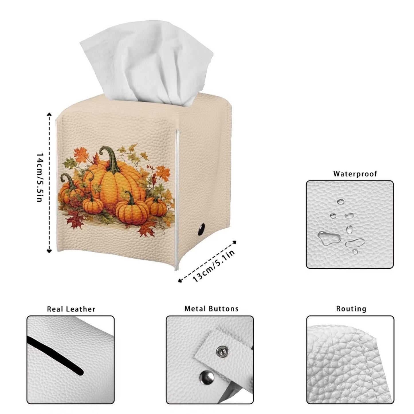 NETILGEN Tissue Box Cover Decorative Holder PU Leather Square Tissue Case Dispenser for End Table, Office Desk, Nightstand, Home Autumn Decoration, Pumpkin Fallen Leaf