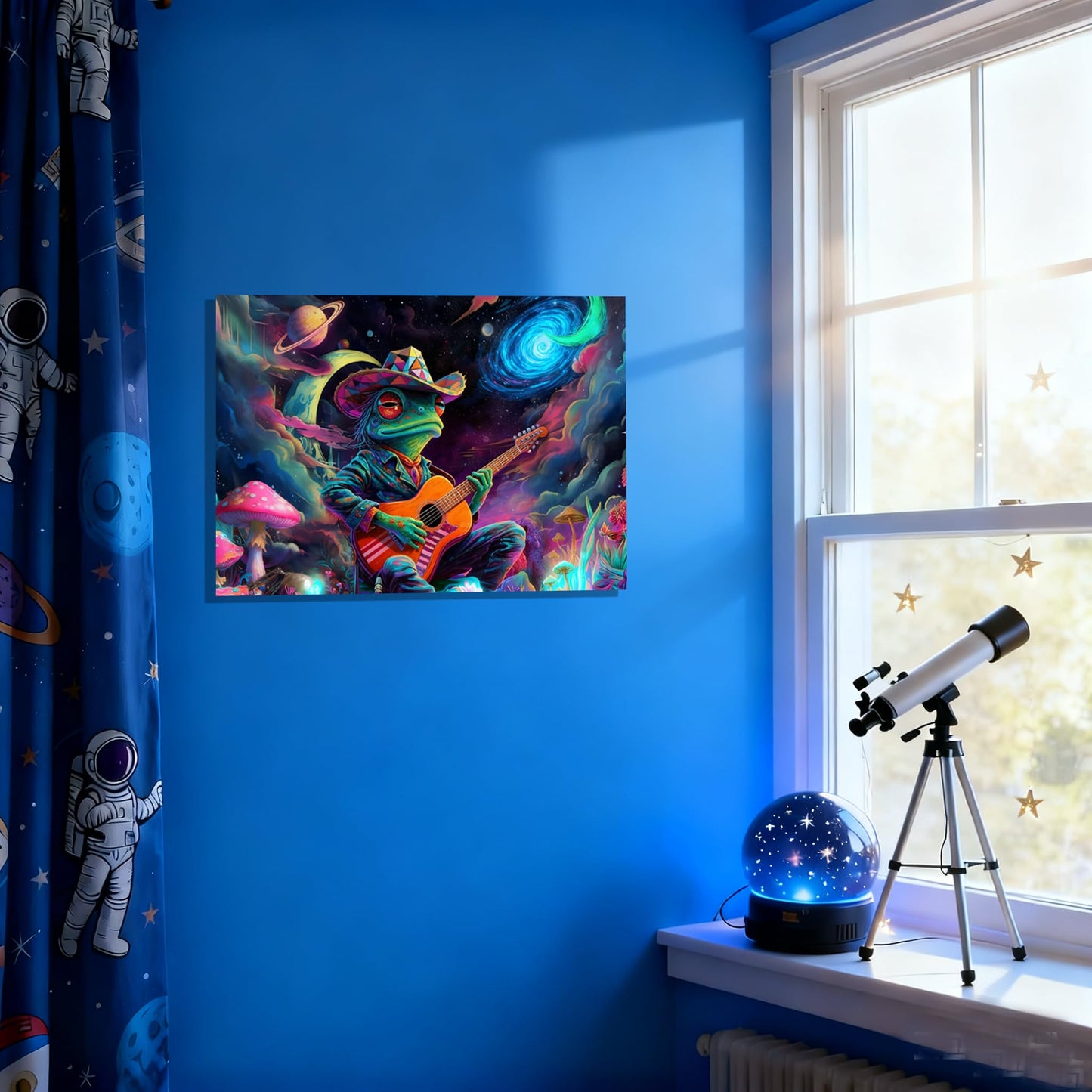 16x24 Psychedelic Space Frog Canvas Wall Art, Colorful Framed Cosmic Mushroom Guitar Player Kids Trippy Room Decor Teen Boys Bedroom Wall Posters Children Home Game Prints Gift Painting