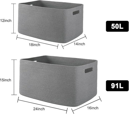 OIAHOMY XXLarge Rectangle Blanket Basket-96L, Cotton Woven Basket for Storage, Dirty Clothes Basket for Living Room, Nursery, Bedroom, Toy Organizing with Handle, 24" x 16" x 15", Dark Grey