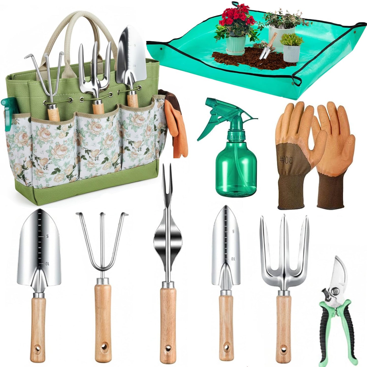 LXDHSRTA Heavy Duty 10-Piece Garden Tool Set, Rust-Proof Stainless Steel Gardening Hand Tools, Ergonomic Non-Slip Grips, Ideal Gardening Gifts for Women & Men – Gardening Essentials (Green)