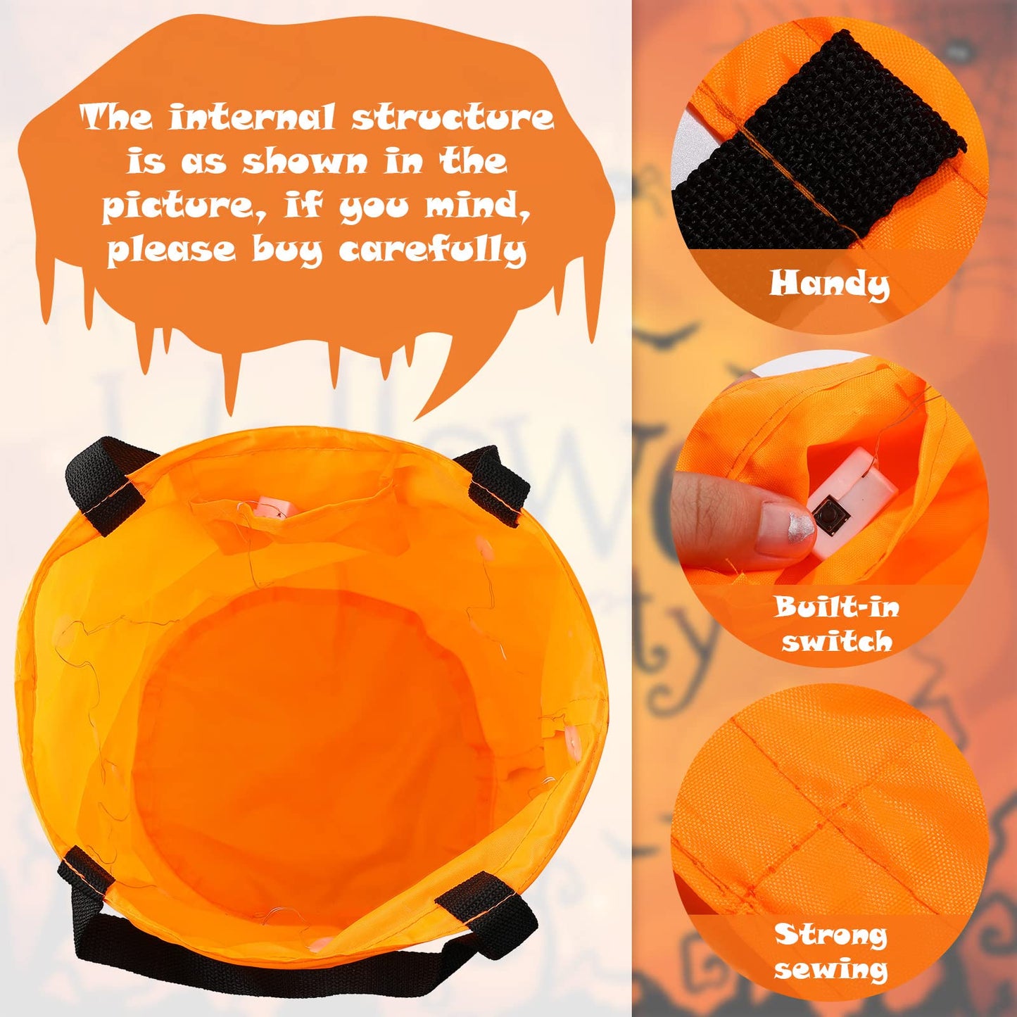 Shappy 2 Pcs LED Light Halloween Candy Bags Trick or Treat Light up Halloween Candy Bucket Multipurpose Reusable Goody Bucket for Holiday Party Supplies Favors(Orange)