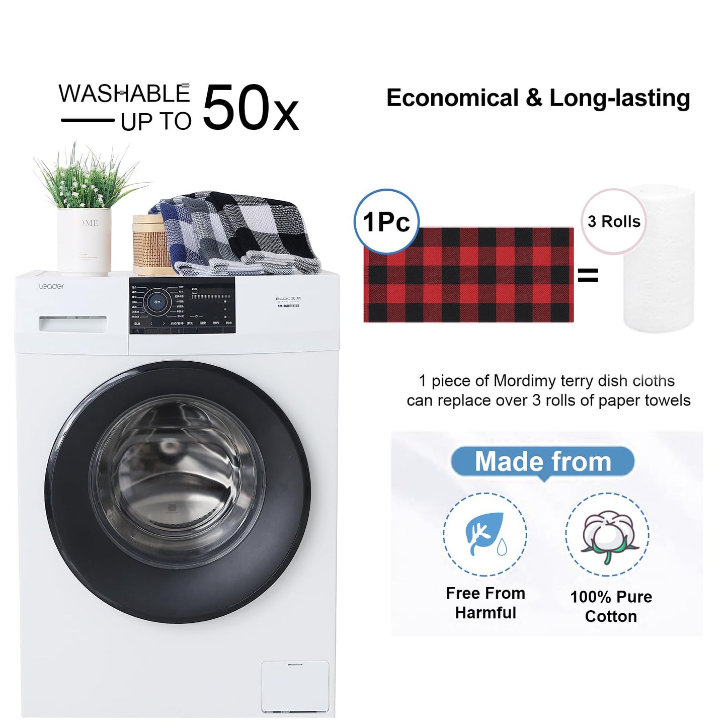 Mordimy 100% Cotton Waffle Weave Kitchen Towels, 13 x 28 Inches, Super Soft and Absorbent Buffalo Check Dish Towels for Drying Dishes, 4-Pack, Black & Red