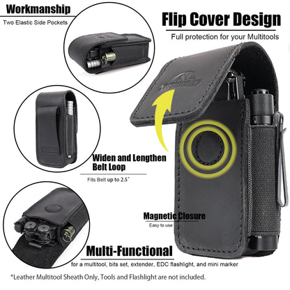 Topstache Leather Multitool Sheath - Multitool Holster for Belt - Pocket Organizer for Work - Multi Tool Holder for Leatherman, Gerber, SOG - Magnetic Closure EDC Belt Pouch, M, Black