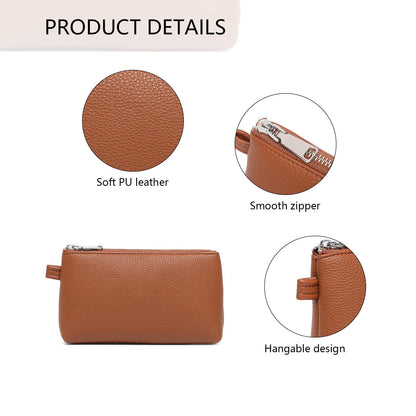 YONBEN PU Leather Small Makeup Bag for Women Cosmetic Bag Organizer with 2 Inner Pockets Zipper Pouch(Pu/Saddle Brown)