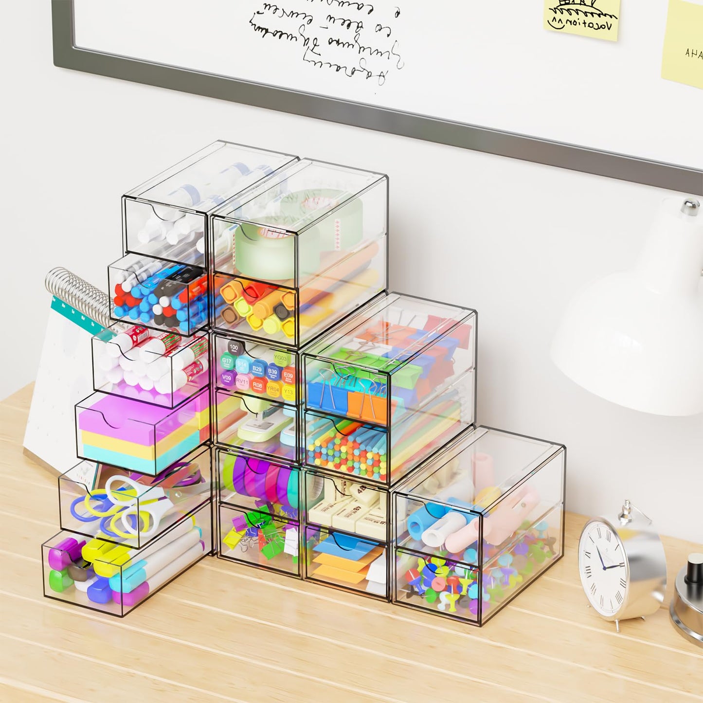 Yieach 9 Pack Small Acrylic Drawers With 18 Drawers,Clear Drawer Organizers Stackable,School,Office Supplies Organizer And Storage Bins for Stationery,Pen,Pencil,Craft,Glasses,Sunglass Organizer Case