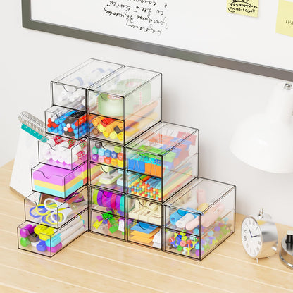 Yieach 9 Pack Small Acrylic Drawers With 18 Drawers,Clear Drawer Organizers Stackable,School,Office Supplies Organizer And Storage Bins for Stationery,Pen,Pencil,Craft,Glasses,Sunglass Organizer Case