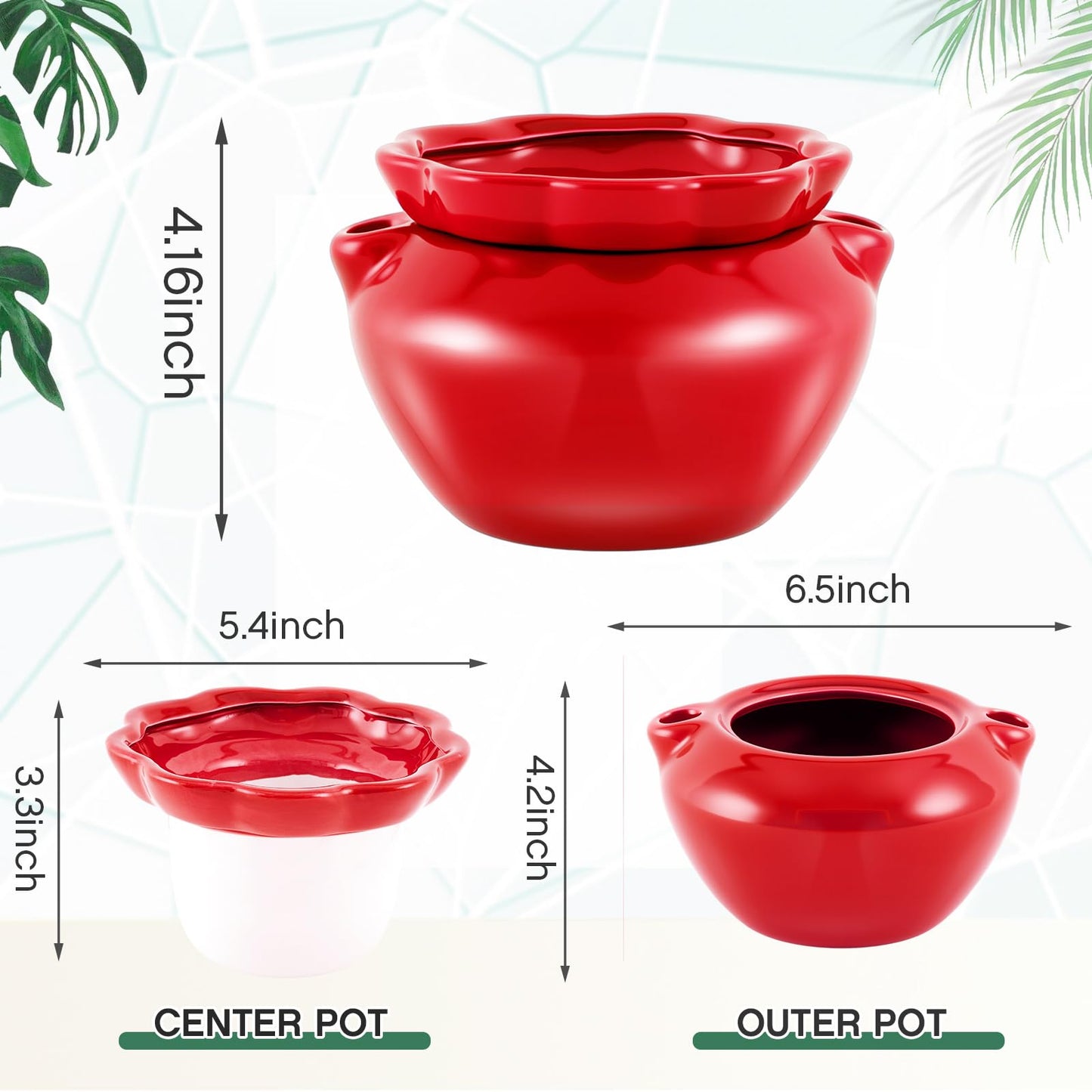 Sunnychicc 6.3 Inch African Violet Pots, Red Self Watering Pot for Indoor Plants, Ceramic Easy Plant Self Watering Pot for Thriving Plant Flower Maintenance