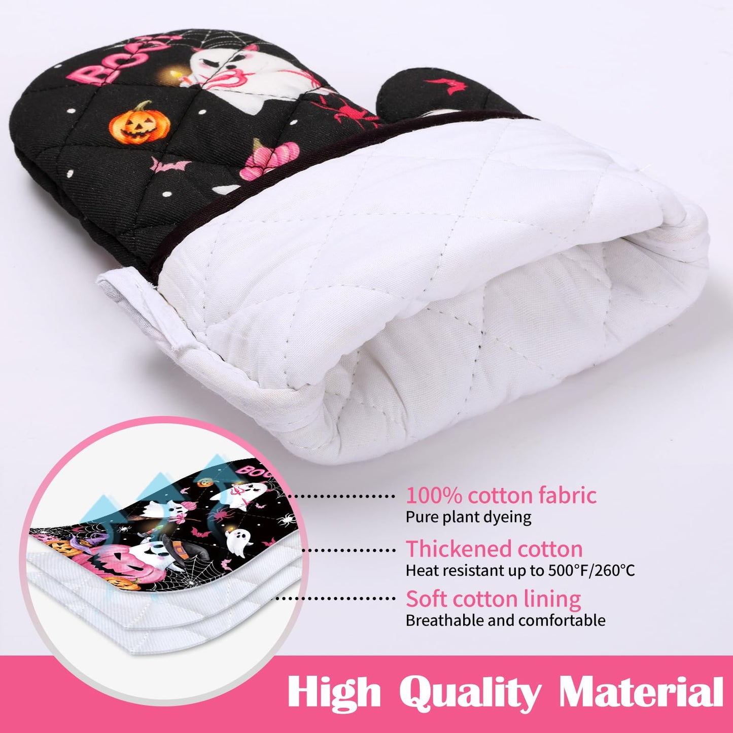 Arquiel Halloween Boo Pink Pumpkin Oven Mitts and Pot Holders Sets 4Pcs, 100% Cotton Heat Resistant, Extra Long Oven Gloves Potholder for Kitchen Cooking Baking Decoration