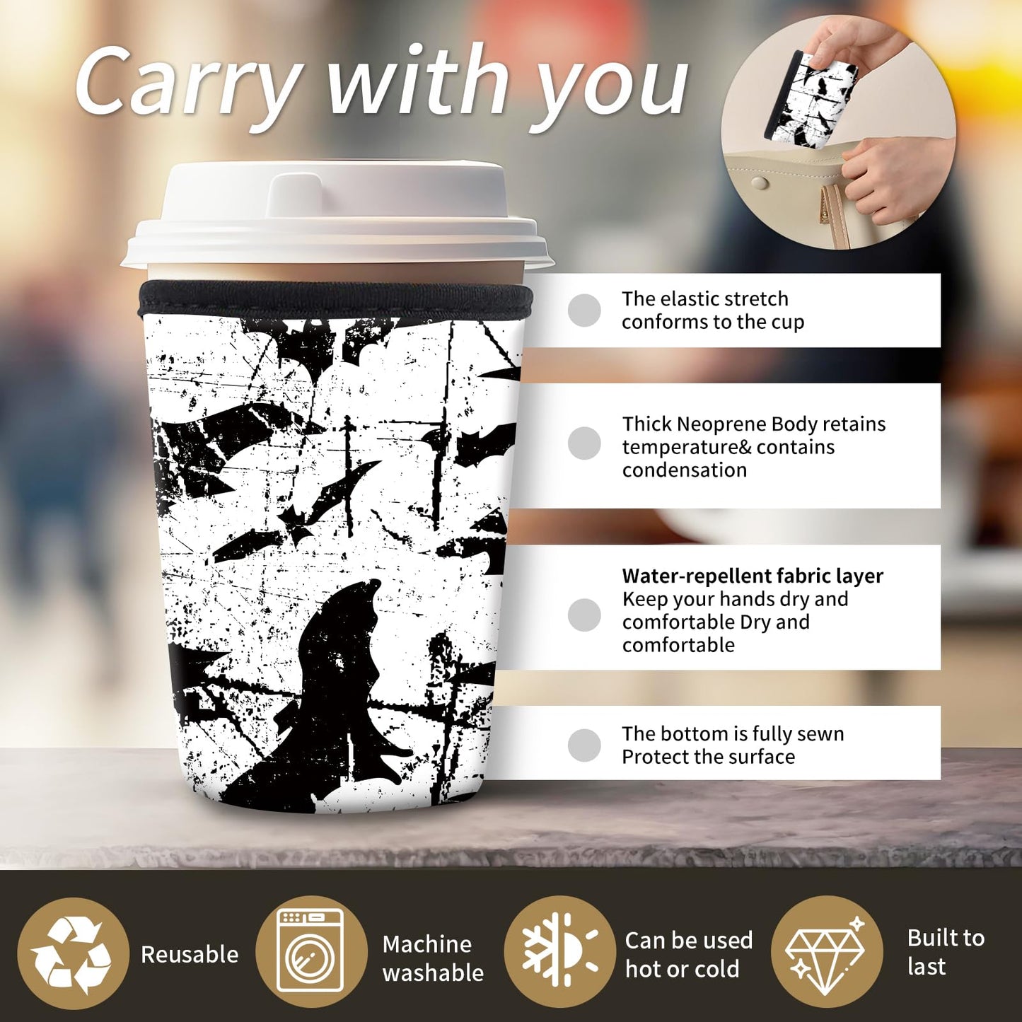 AMZXCFGL 3 Pack Reusable Neoprene Insulator Sleeve for Iced Coffee Cups, Cute Funny Coffee Cup Sleeve, Universal Fit 16-32oz Cups for Hot Cold Beverages Cute Black Bats